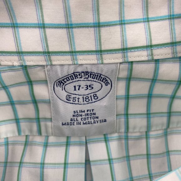 Brooks Brothers Slim Fit Shirt Men 17 - 35 White Green Checkered Polo Non-Iron - Picture 5 of 10